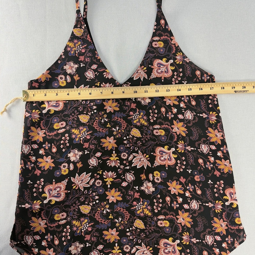 Floral Paisley V-Neck Tank Top Sleeveless Curved Hem Black Multi Color Camisole - Picture 4 of 11